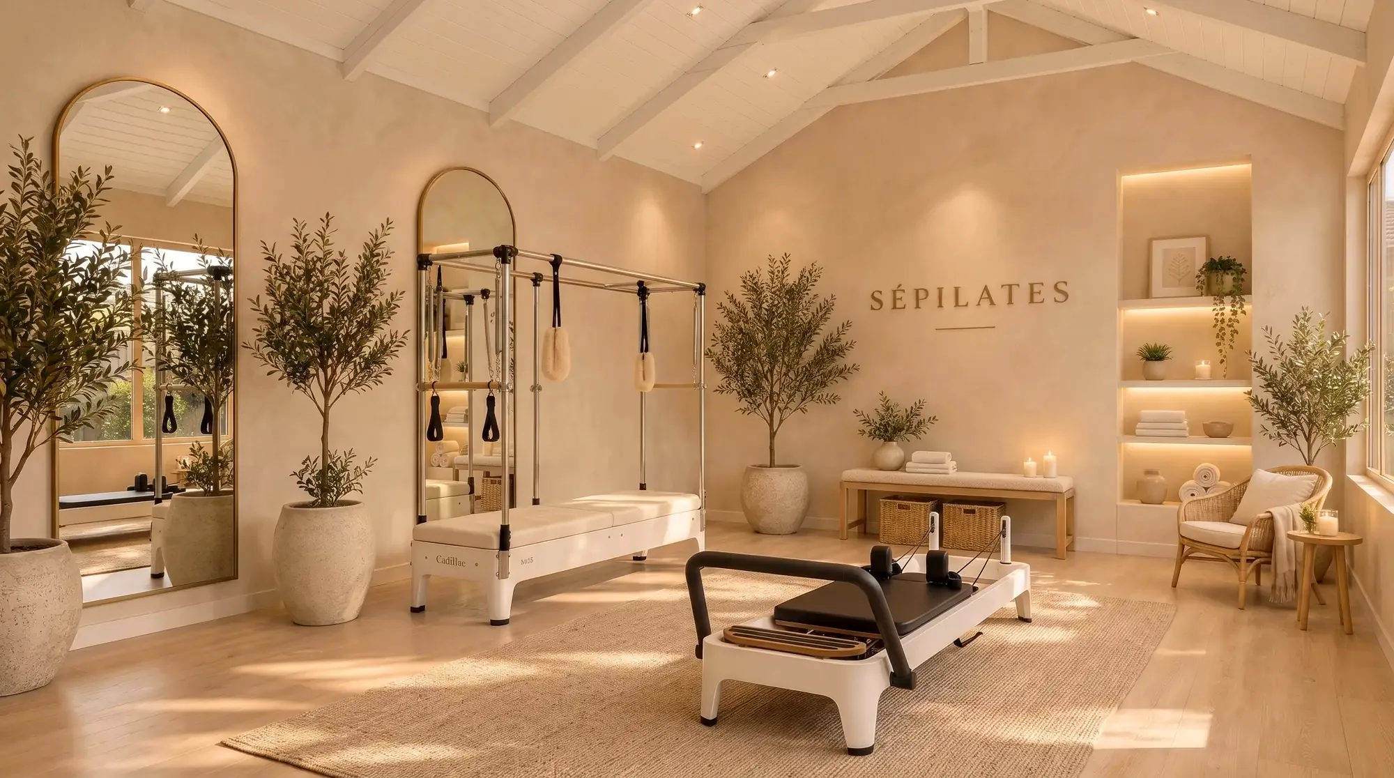 The calm Sépilates studio with a Reformer, a Cadillac and the SÉPILATES wall sign