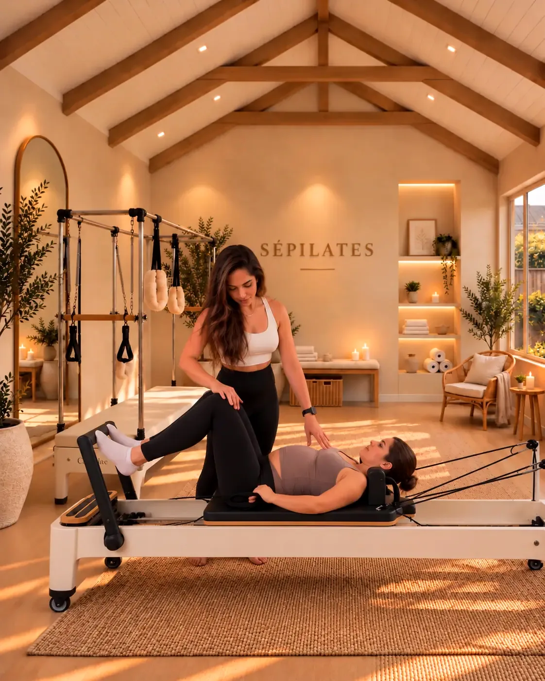 Sepideh supporting a pregnant client during a prenatal Pilates session on the reformer