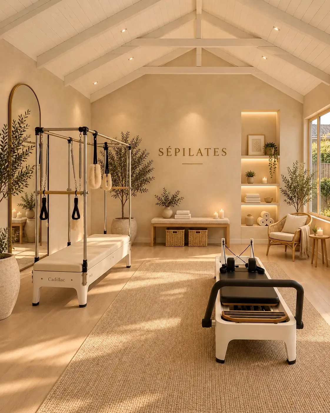 Inside the Sépilates studio in Rustington: a Cadillac, a reformer and a vaulted beamed ceiling