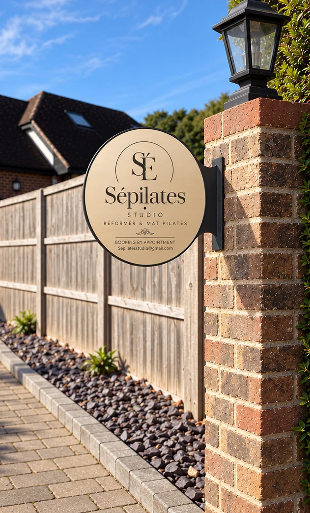 The round Sépilates Studio sign on a brick pillar at the driveway in Rustington