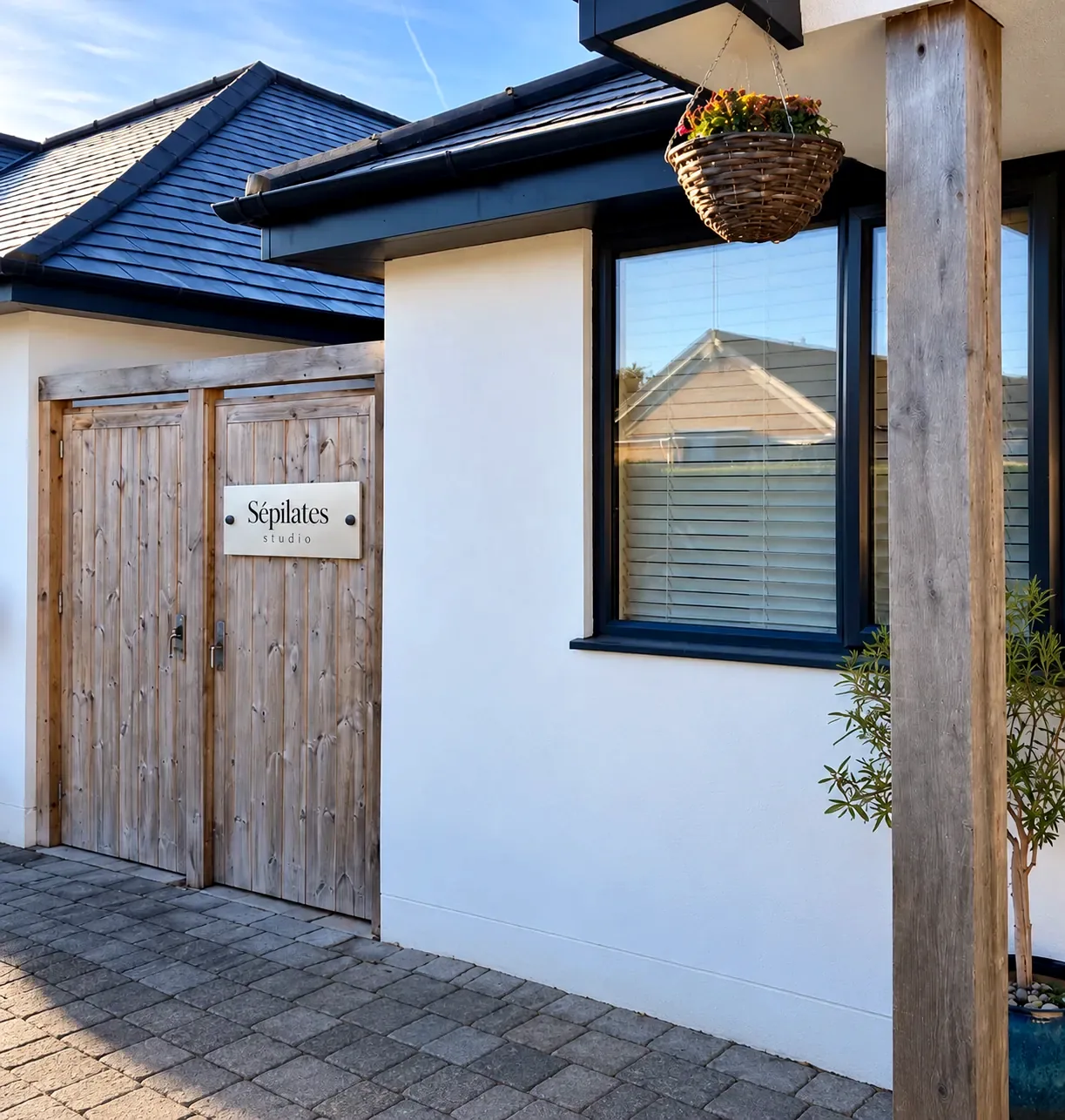 The Sépilates studio entrance: wooden doors with the Sépilates plaque