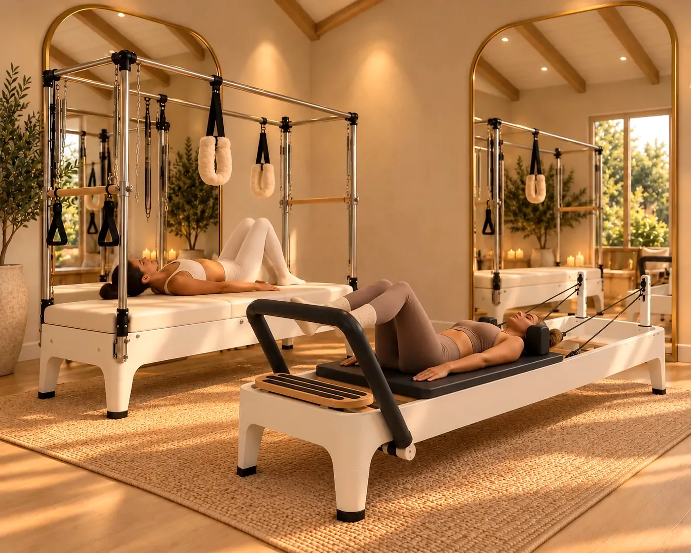 Two clients working on the Cadillac and the Reformer in the Sépilates studio